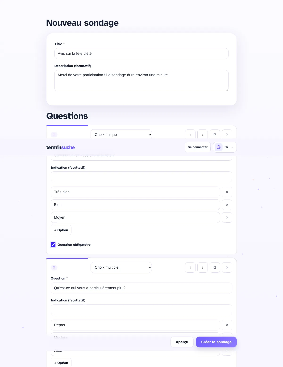 Questionnaire dans l'éditeur : titre, description et questions