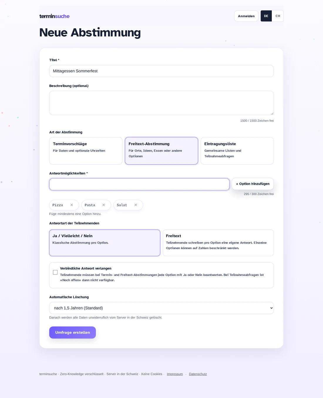 Formular zum Erstellen einer Freitext-Abstimmung mit drei Optionen