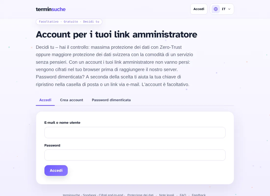 Pagina dell'account con accesso e creazione dell'account