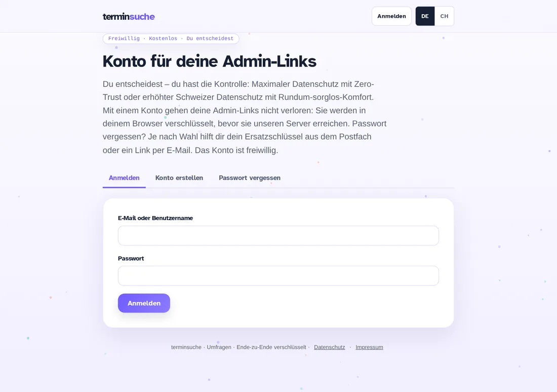 Konto-Seite mit Anmelden und Konto erstellen