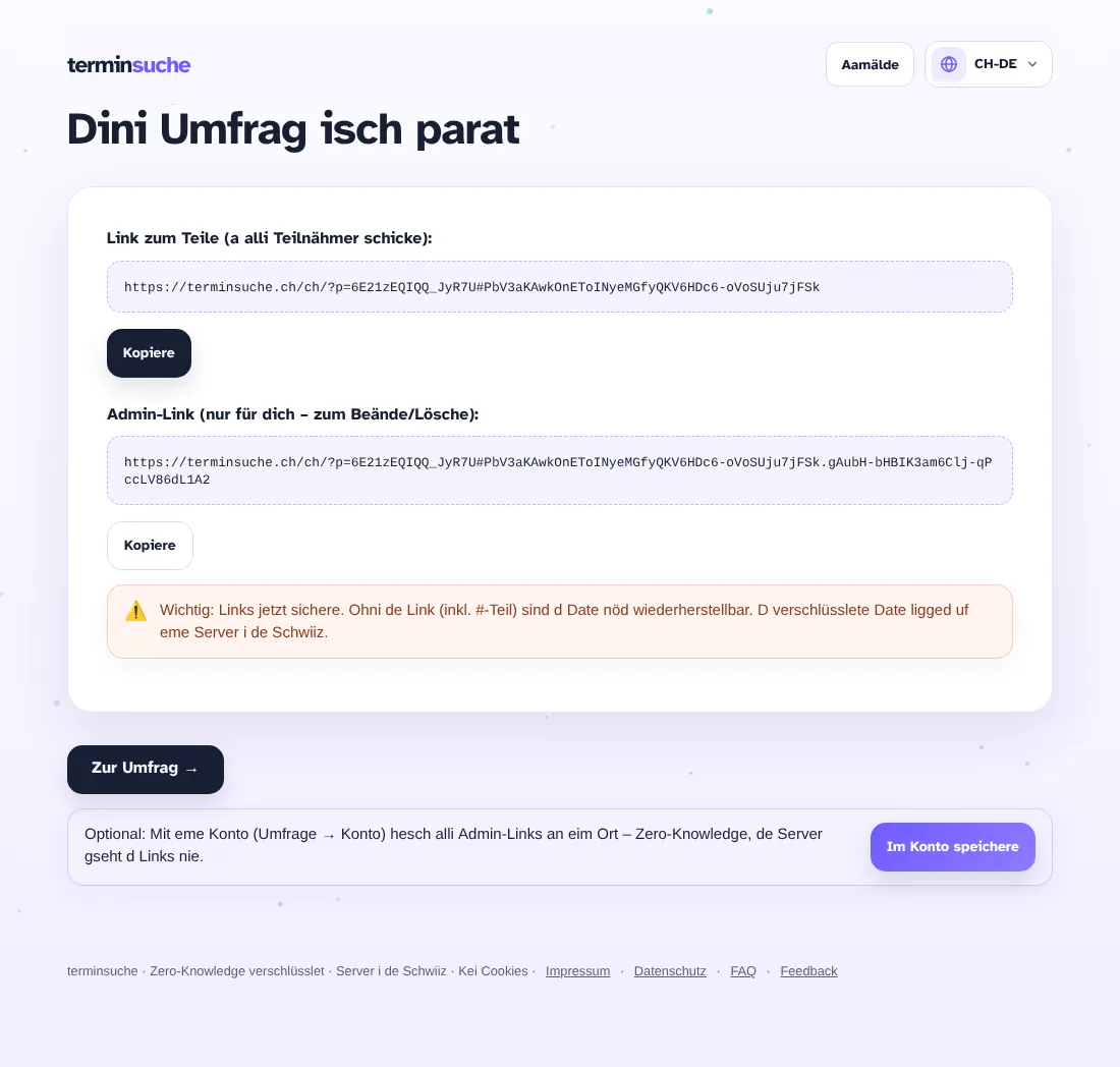 Teilnähmer-Link und Admin-Link nach em Erstelle