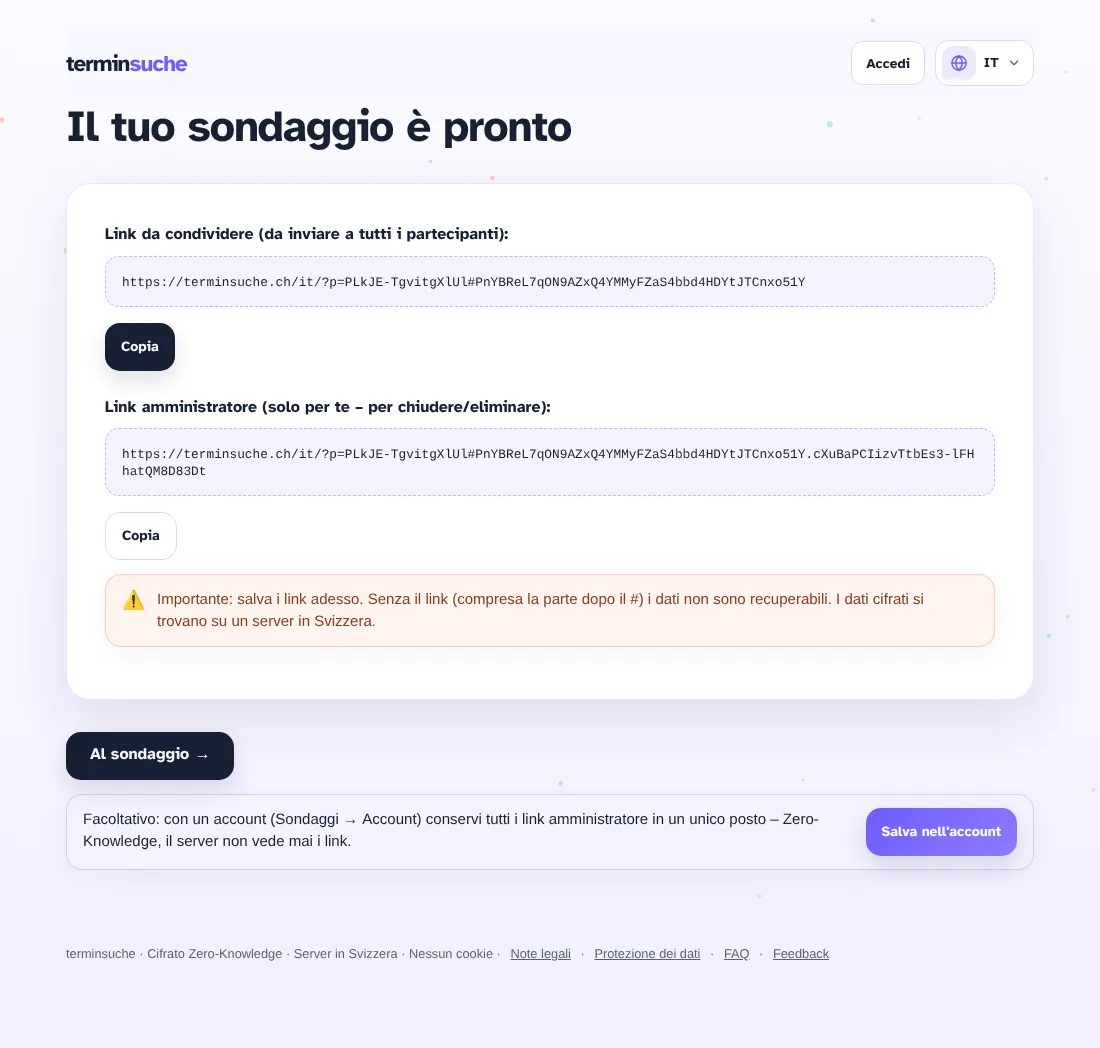 Link per i partecipanti e link admin dopo la creazione