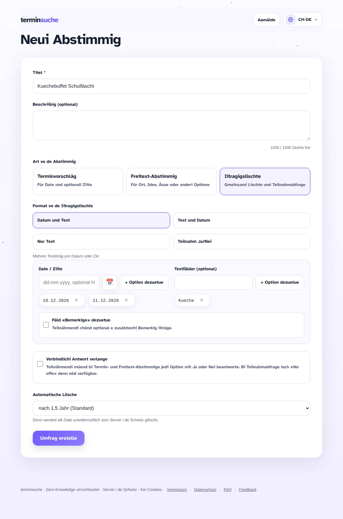 Formular zum Erstelle vonere Iitragigslischte mit Date und Text