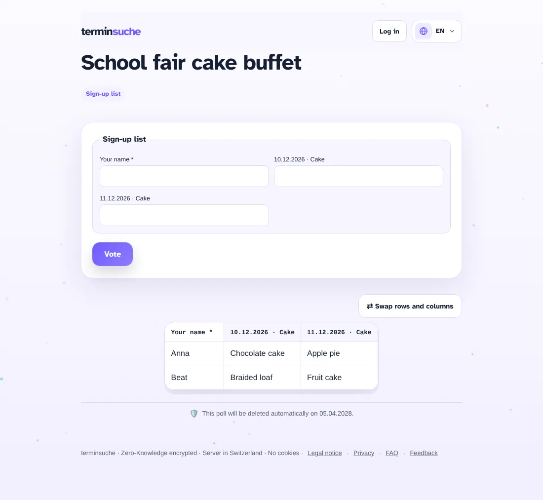 Sign-up list with entries from two people