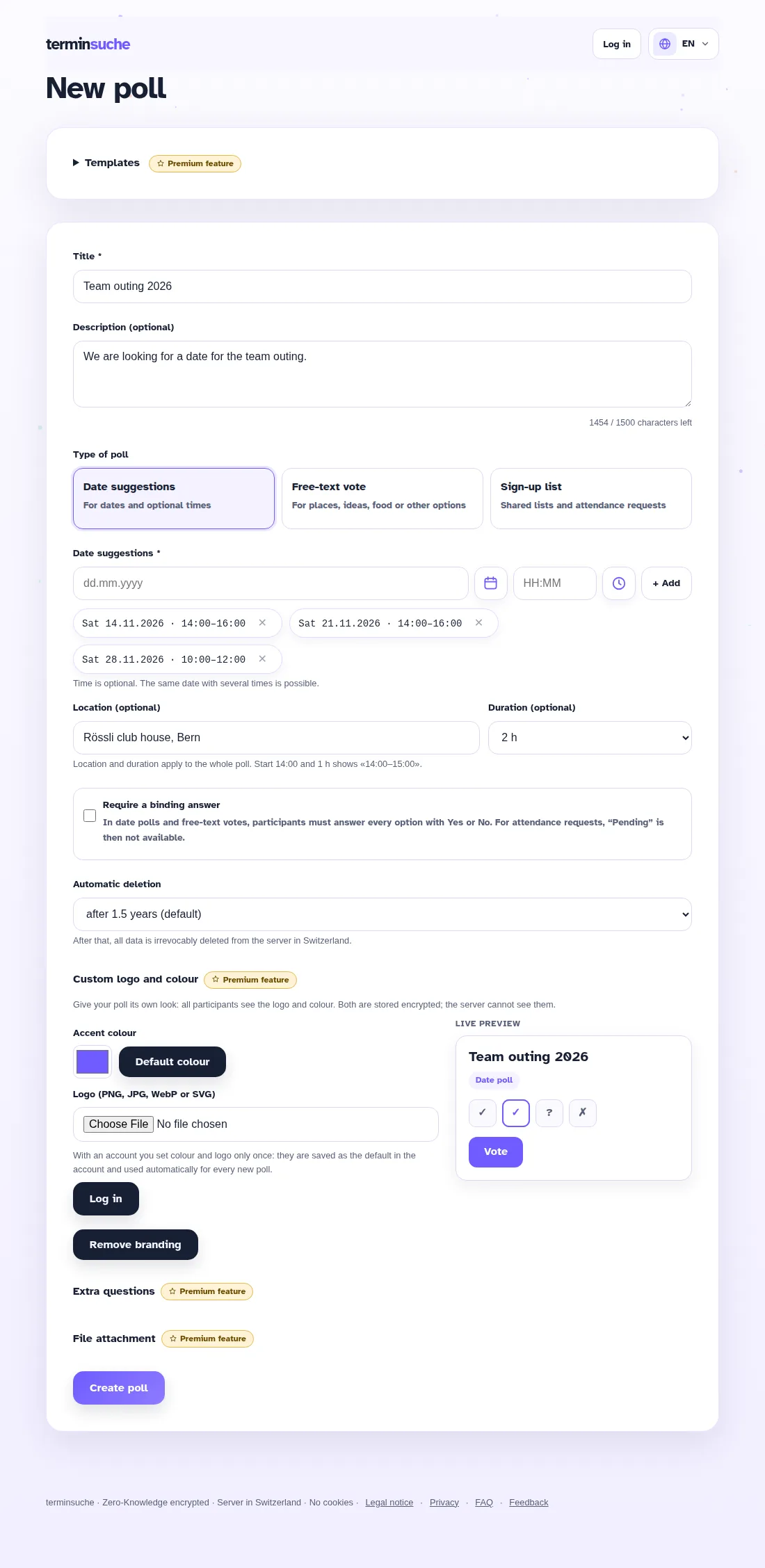 Form for creating a date poll with location, duration and three proposed dates