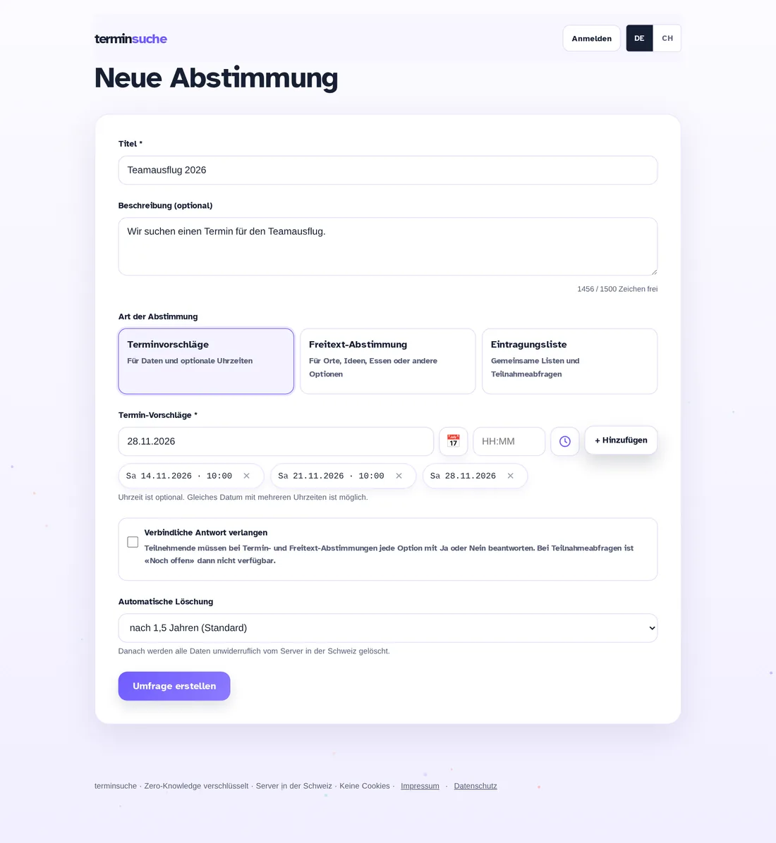 Formular zum Erstellen einer Terminumfrage mit Standort, Dauer und drei Terminvorschlägen