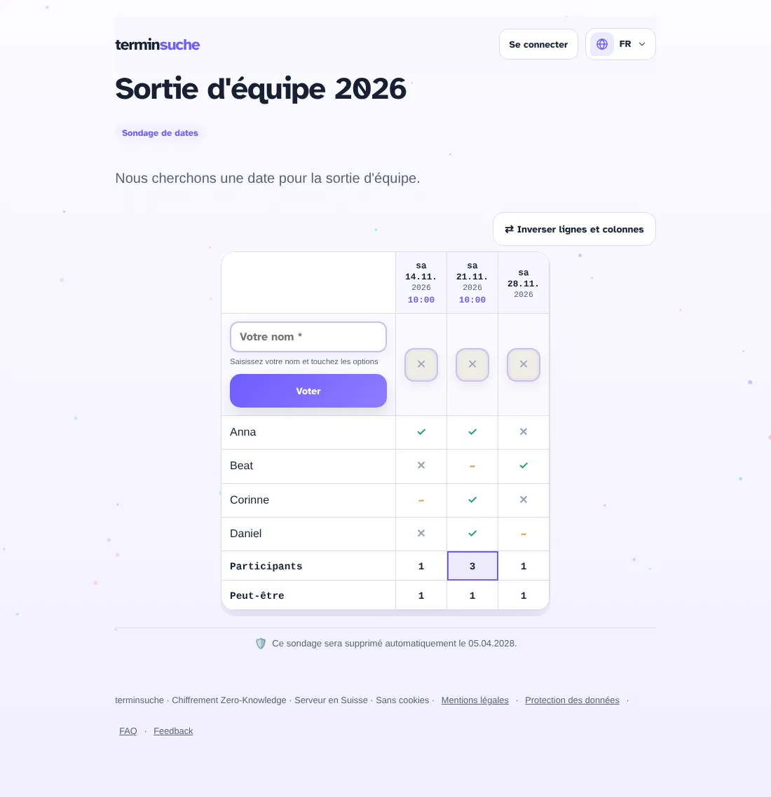 Vue participant d'un sondage de dates avec quatre participants et ligne de totaux